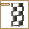 5-tier geometric bookshelf with open shelves and closed-back cubes, featuring dimensions for easy placement in any.