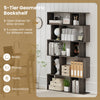 5-tier geometric bookshelf in oak with open shelves and closed-back cubes, ideal for books, photos, and plants.