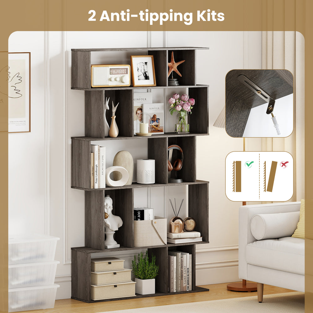 5-tier geometric bookshelf with open shelves and closed-back cubes, featuring anti-tipping kits for stability.