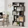 5-tier geometric bookshelf in oak with open shelves and closed-back cubes, perfect for books and decor in any room.