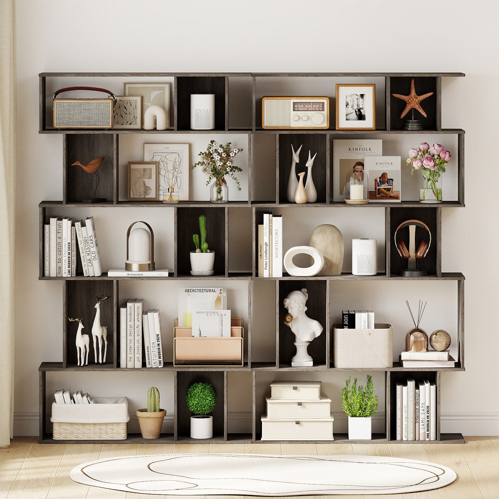 Geometric 5-tier bookshelf set in oak with open shelves and closed-back cubes, perfect for books and decor.