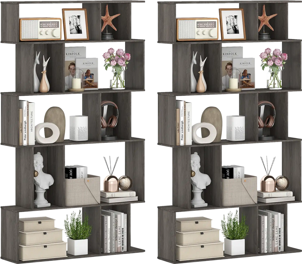 5-tier geometric bookshelf set of 2 in oak with open shelves and closed-back cubes for versatile storage and decor.