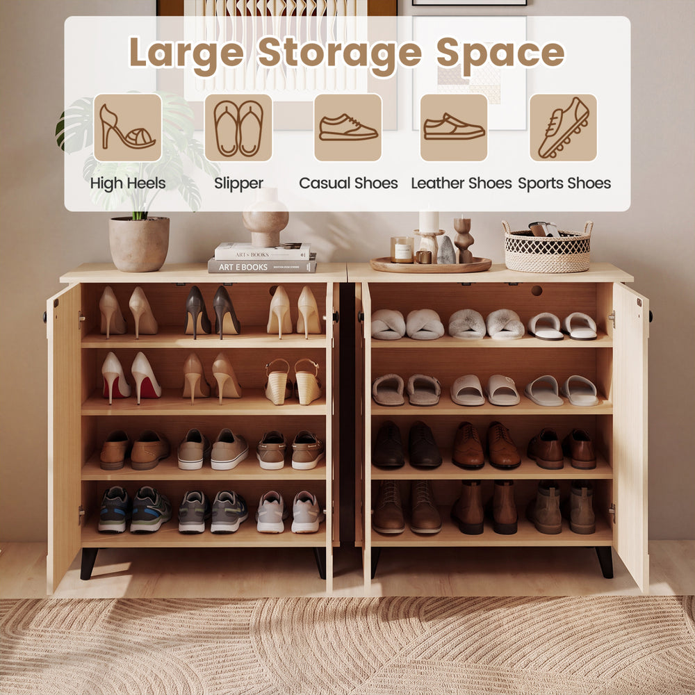 Freestanding footwear storage cabinet with carved panels, offering large storage space for various shoe types in natural finish.