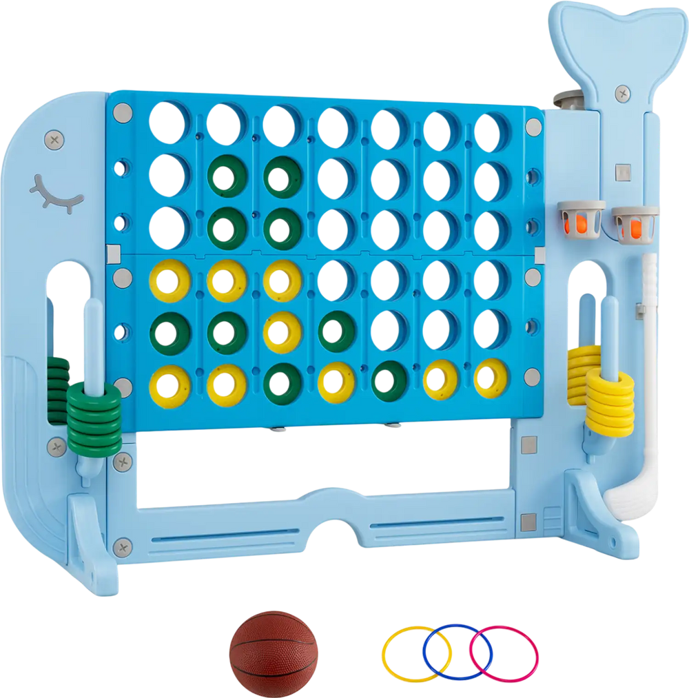 Giant 4-to-Score game set in blue with integrated games, includes rings and basketball for indoor or outdoor fun.