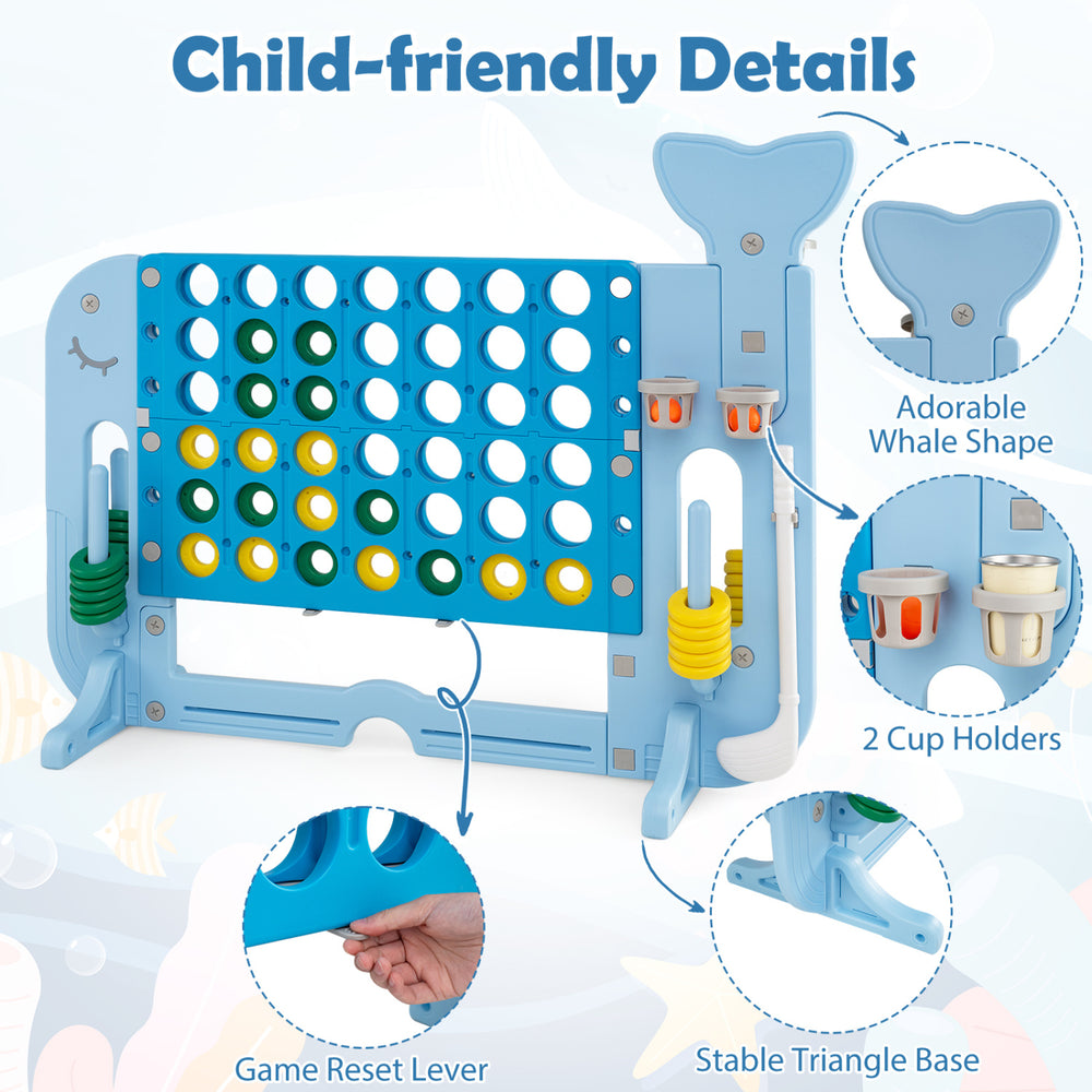 Giant 4-to-Score game set in blue with whale shape, cup holders, and game reset lever for fun indoor or outdoor play.
