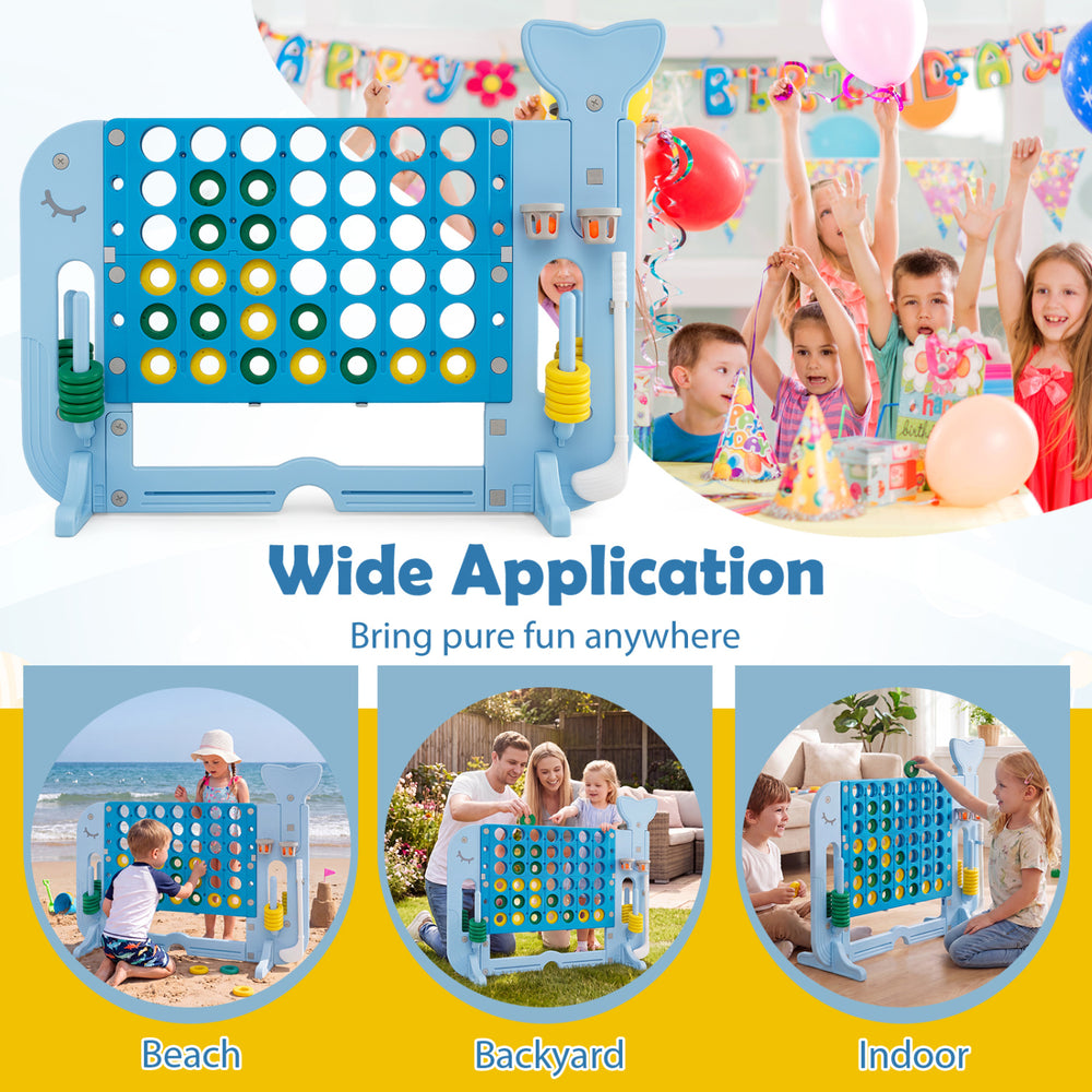Giant 4-to-Score game set in blue with whale design, includes rings and cup holders for beach, backyard, or indoor fun.