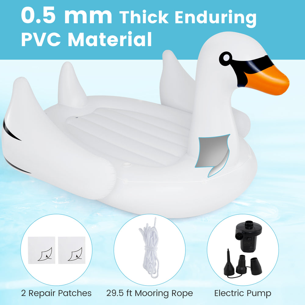 Giant inflatable swan pool float for 4 adults, made of 0.5 mm PVC, includes 4 cup holders and electric pump for easy.