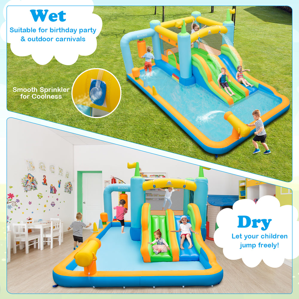 Giant inflatable water slide for kids with dual slides, splash pool, and safety features, ideal for outdoor fun.