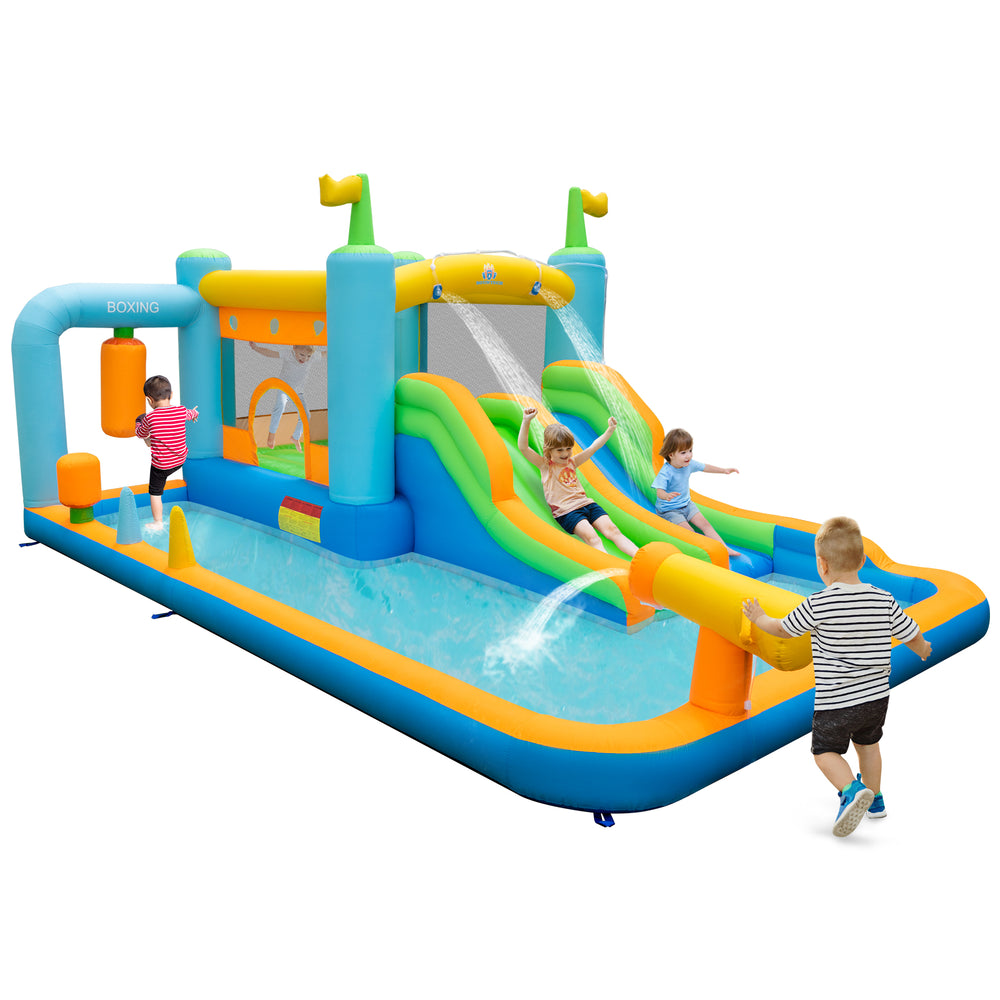 Giant inflatable water slide for kids with water cannon and inflatable boxing sandbag, perfect for active outdoor play.