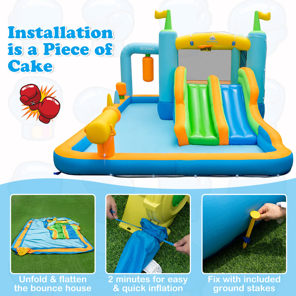 Giant inflatable water slide for kids featuring dual slides, splash pool, and safety mesh walls for outdoor fun.