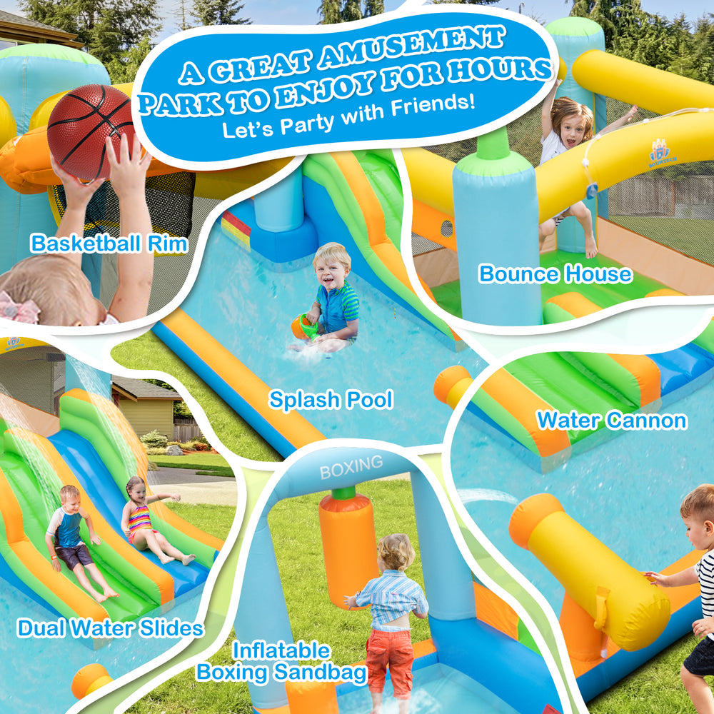 Giant inflatable water slide with dual slides, splash pool, and basketball rim for kids' outdoor fun and parties.