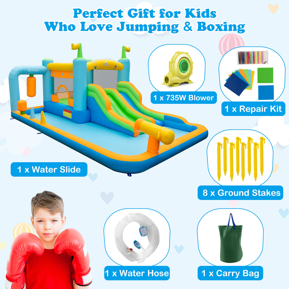 Inflatable water slide for kids aged 3-10, featuring dual slides, splash pool, and 735W blower for outdoor fun.