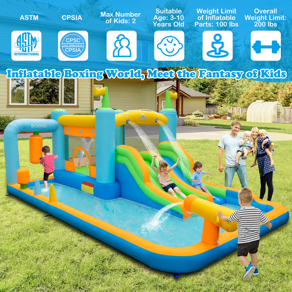 Giant inflatable water slide for kids aged 3-10, featuring dual slides, splash pool, and water cannon for outdoor fun.
