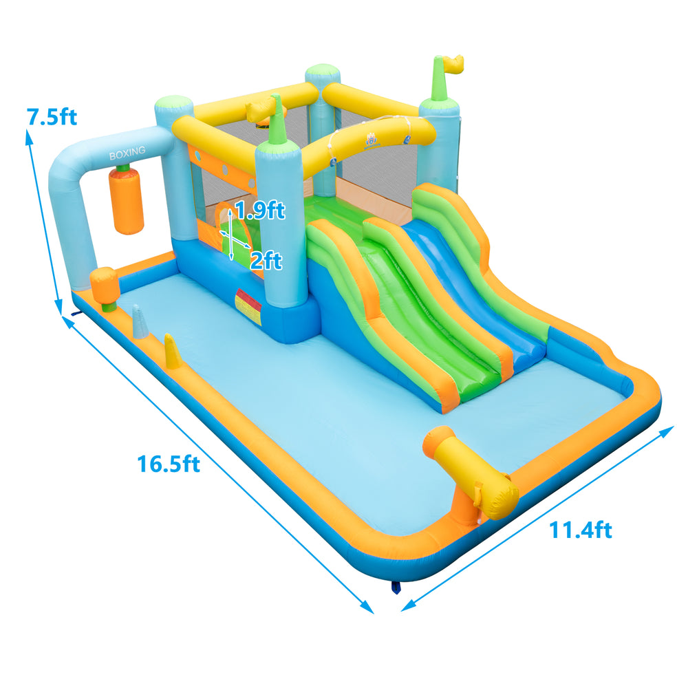 Inflatable water slide for kids featuring dual slides, splash pool, and basketball rim, ideal for outdoor fun.