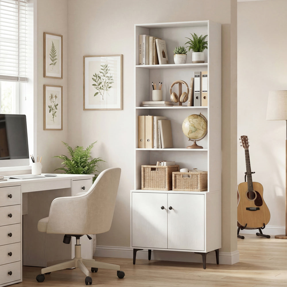 White Giantex bookshelf with open shelves and enclosed cabinet, designed for home office storage and stability.