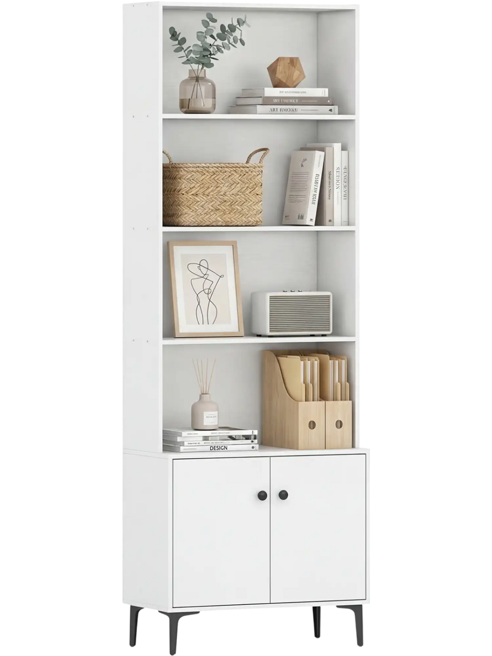 White Giantex bookshelf with open shelving and enclosed cabinet, featuring metal legs and anti-tipping kits for.