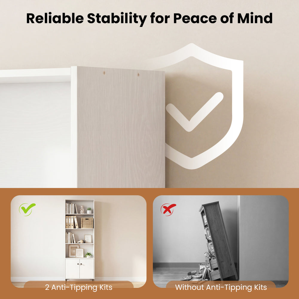 Giantex bookshelf with doors and 2 anti-tipping kits, showcasing stability features for home office safety.