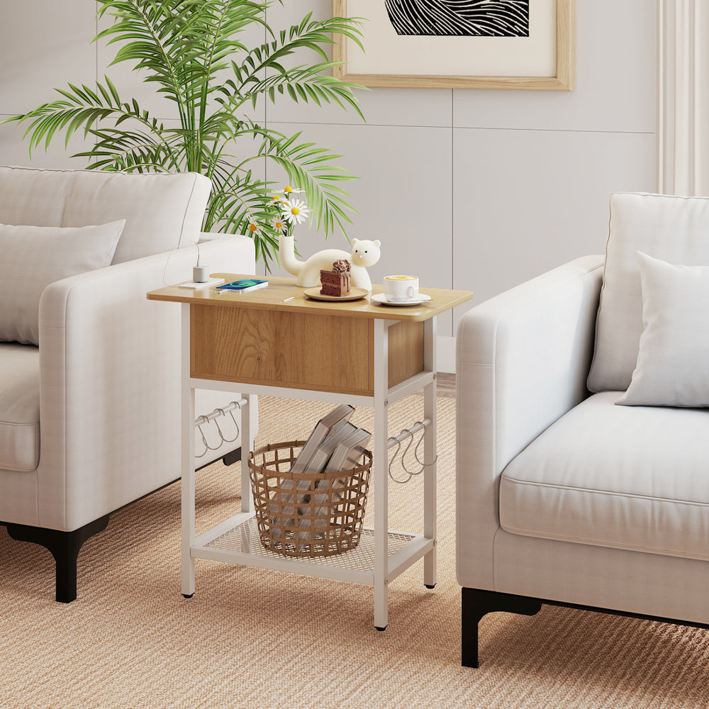 Natural wood end table with charging station, USB ports, and hidden storage, perfect for living room organization.