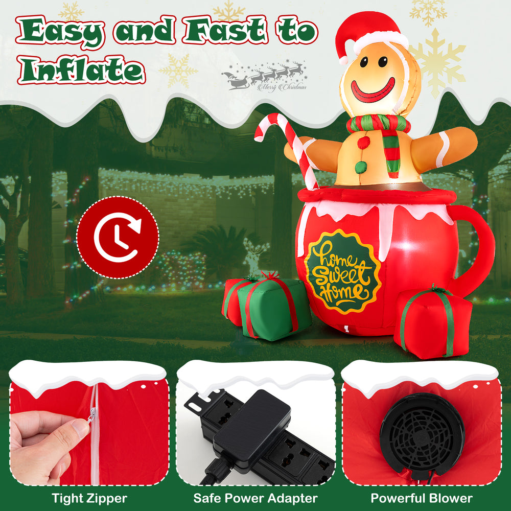 7-foot inflatable gingerbread man in hot cocoa mug with LED lights, gift boxes, and weather-resistant fabric for.