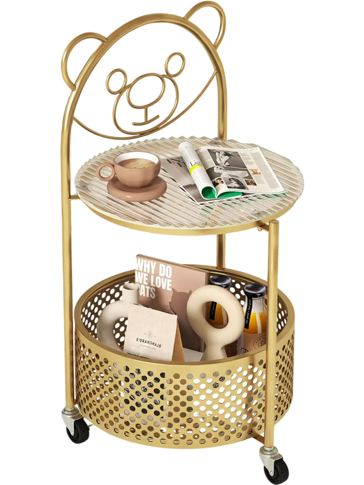 Costway Modern Sofa Side Table Lockable Wheels Gold 75316849 New