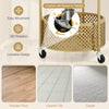 Modern gold side table with lockable wheels, featuring a sturdy tempered glass top and metal storage basket for.