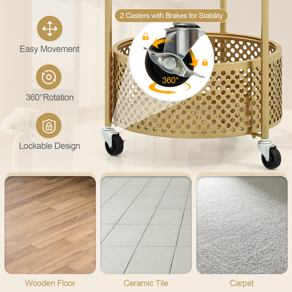 Modern gold side table with lockable wheels, featuring a sturdy tempered glass top and metal storage basket for.