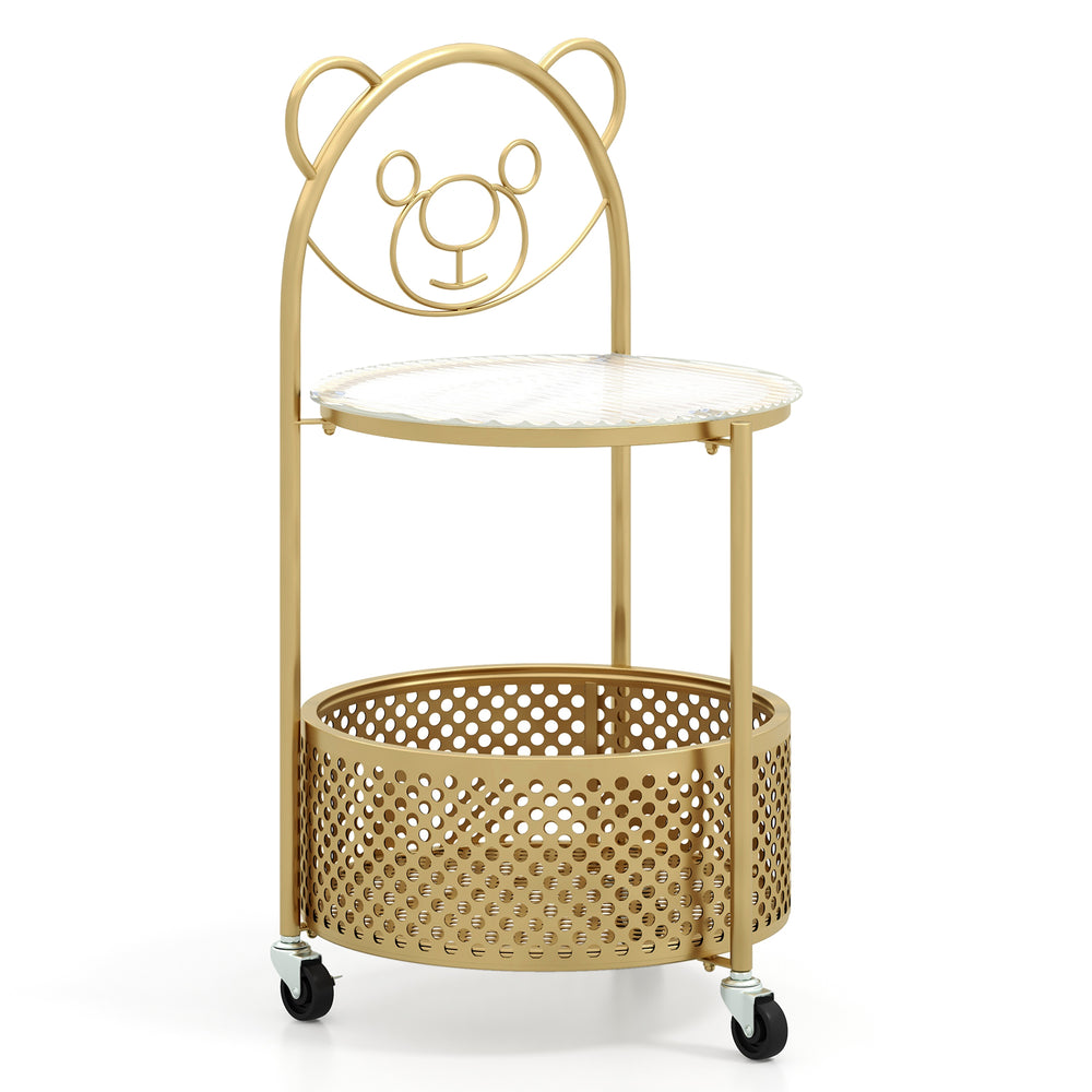 Gold modern sofa side table with bear pattern, tempered glass top, and lockable wheels for versatile living space use.