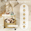 Round gold side table with bear pattern, tempered glass top, and metal storage basket on lockable wheels for versatile.