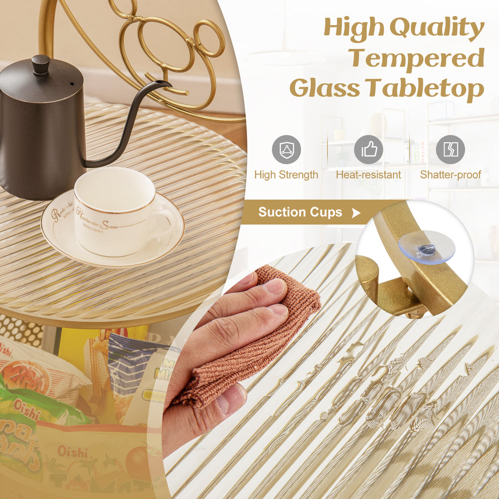 Modern sofa side table with gold metal frame and heat-resistant tempered glass, ideal for living room or bedroom use.