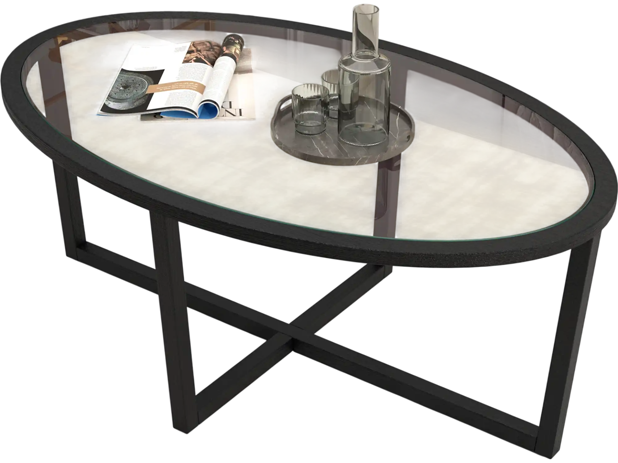 Costway Oval Glass Coffee Table Cross Base Acacia Wood Legs Black 91438675 New