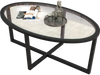 Oval glass coffee table with black acacia wood legs and cross base, perfect for living room decor and stability.