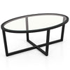 Oval coffee table featuring a sleek tempered glass top and sturdy acacia wood legs, designed for stylish living room.