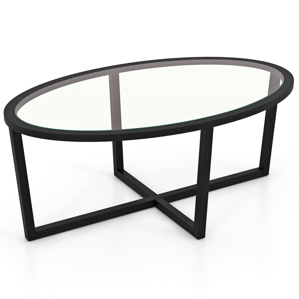 Oval coffee table featuring a sleek tempered glass top and sturdy acacia wood legs, designed for stylish living room.