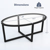 Oval glass coffee table with acacia wood legs, dimensions 46.5" x 28" x 18.5", stable cross base, 110 lbs capacity.