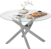 Round glass coffee table with a tempered glass top and silver geometric metal frame, perfect for modern living spaces.