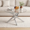 Round coffee table showcasing a sleek tempered glass top and silver geometric frame, perfect for stylish living room.