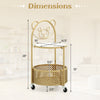 Gold modern sofa side table with bear pattern, glass top, and metal storage basket on lockable wheels for easy mobility.