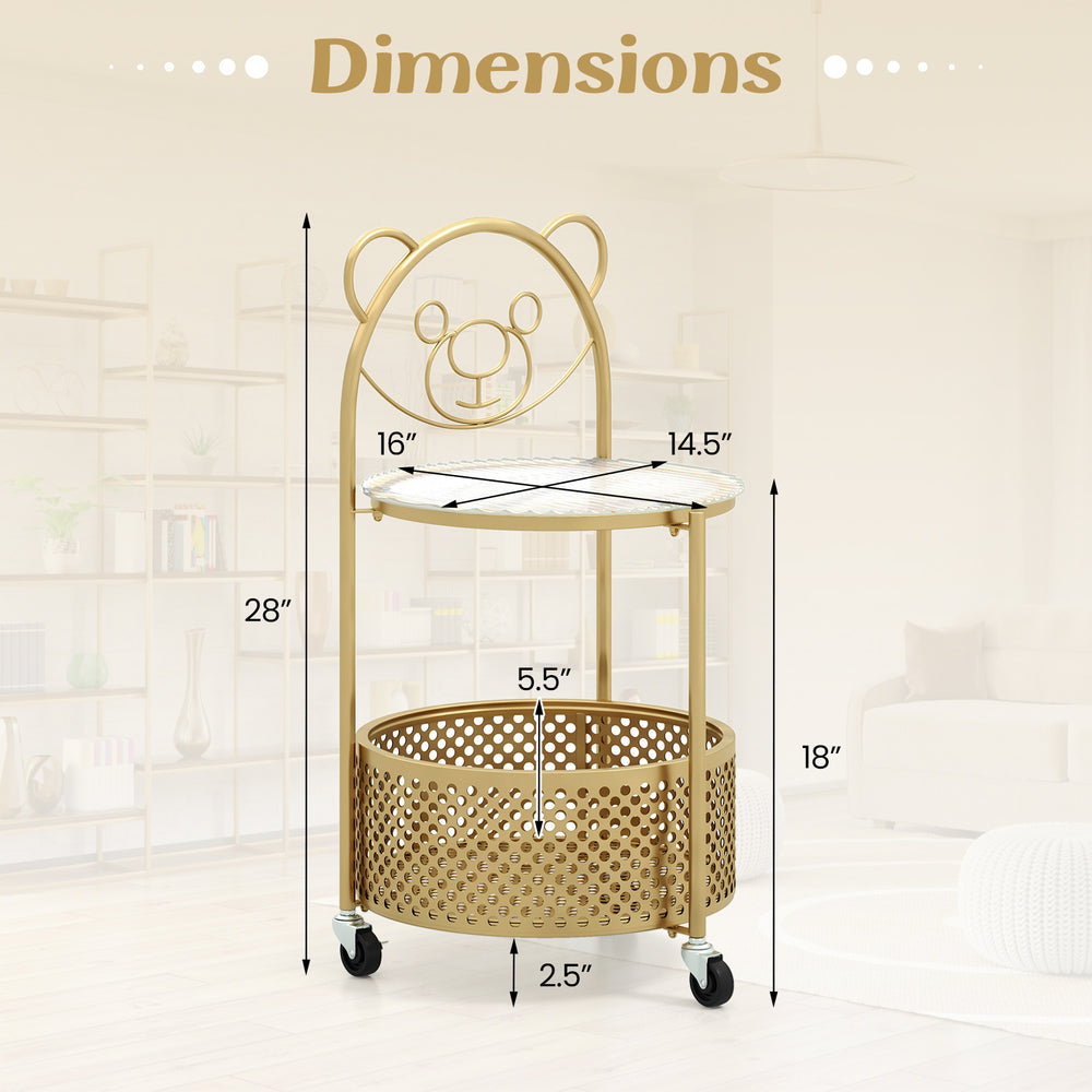 Gold modern sofa side table with bear pattern, glass top, and metal storage basket on lockable wheels for easy mobility.