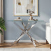 Modern glass console table with a clear tempered glass top and chrome legs, perfect for stylish entryway display.