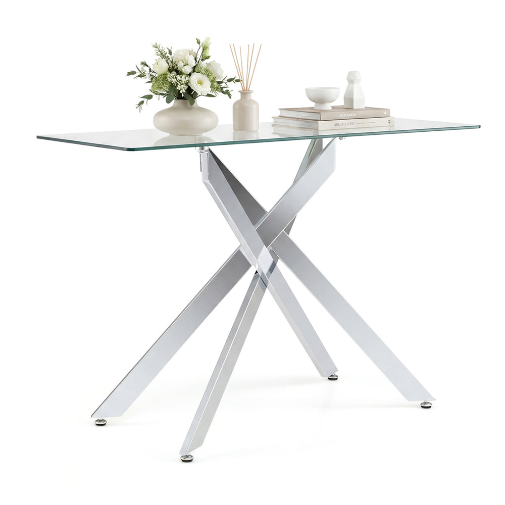 Modern glass console table with a clear tempered glass top and silver chromed legs, perfect for stylish entryway.