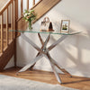 Stylish console table featuring a clear tempered glass top and chrome legs, perfect for showcasing decor in entryways.