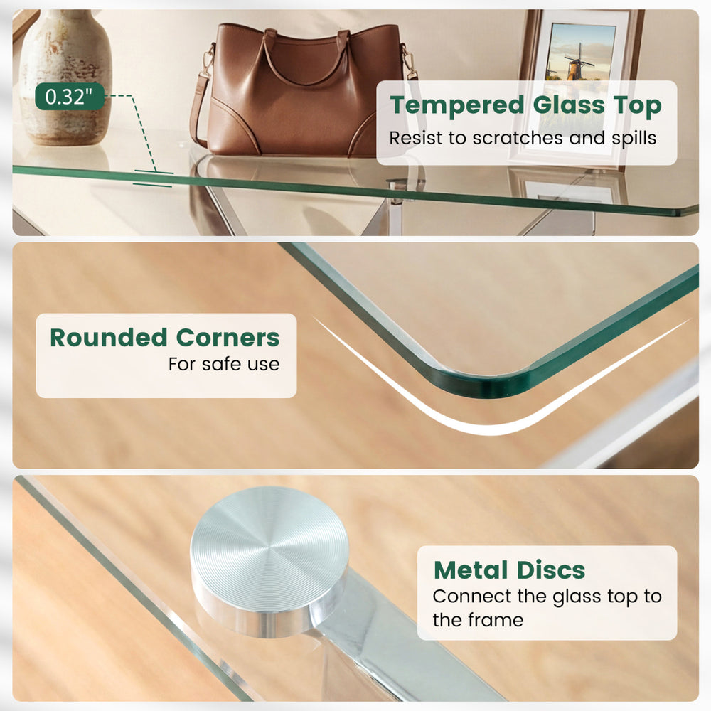 Tempered glass console table with rounded corners and metal discs, ideal for modern entryways and stylish displays.