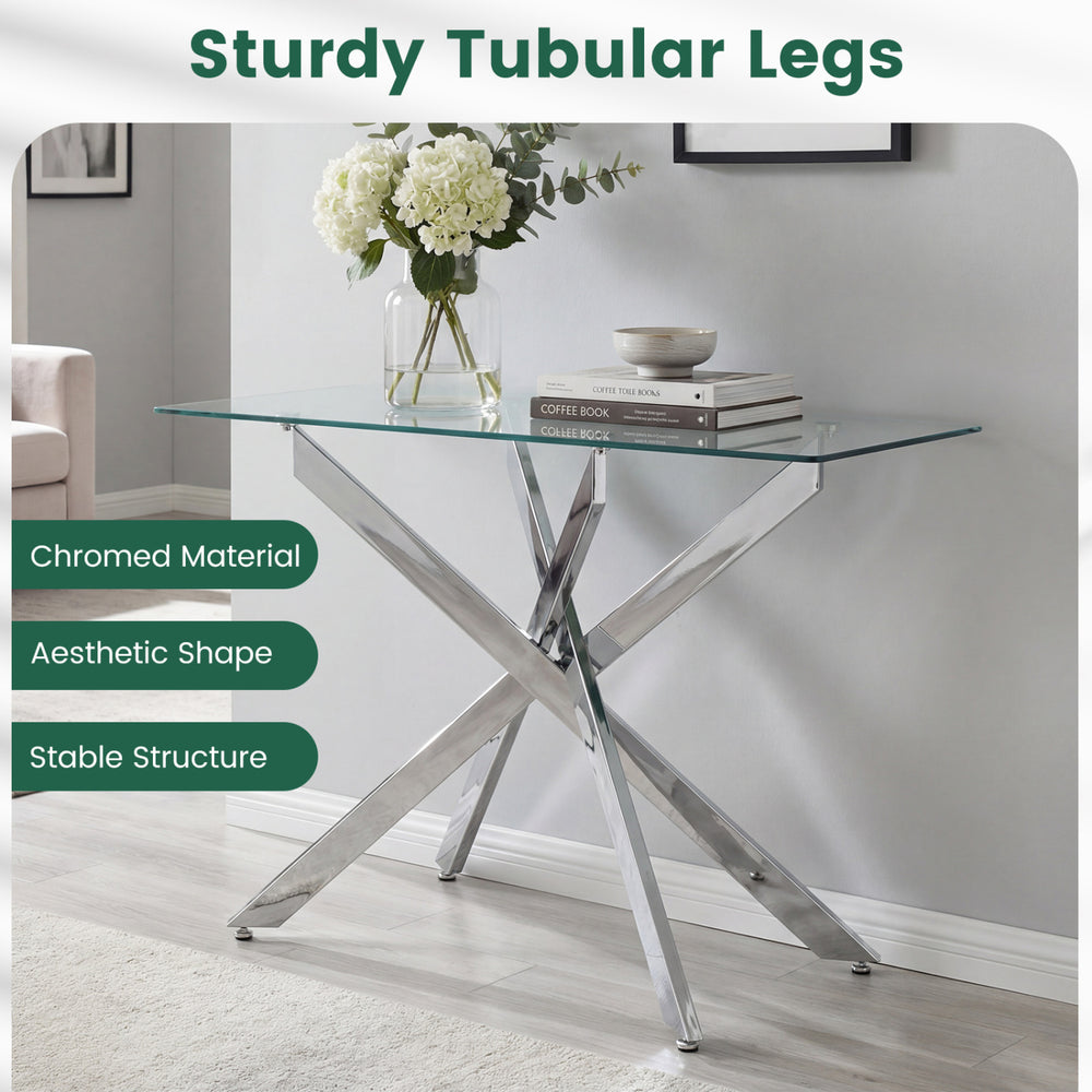 Modern glass console table with a clear tempered glass top and sturdy chromed tubular legs for stylish entryway decor.