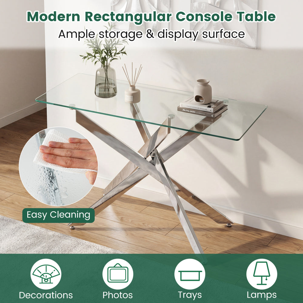 Modern rectangular console table with clear tempered glass top and chromed legs, ideal for stylish entryway display.