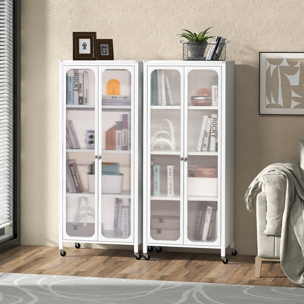 White storage cabinet with glass doors and wheels, showcasing adjustable shelves for stylish organization in any space.