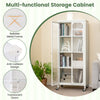 Glass doors storage cabinet with wheels, adjustable shelves, and anti-collision design for versatile organization.