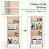 Glass doors storage cabinet with wheels, featuring 2 adjustable shelves for customizable organization in white.