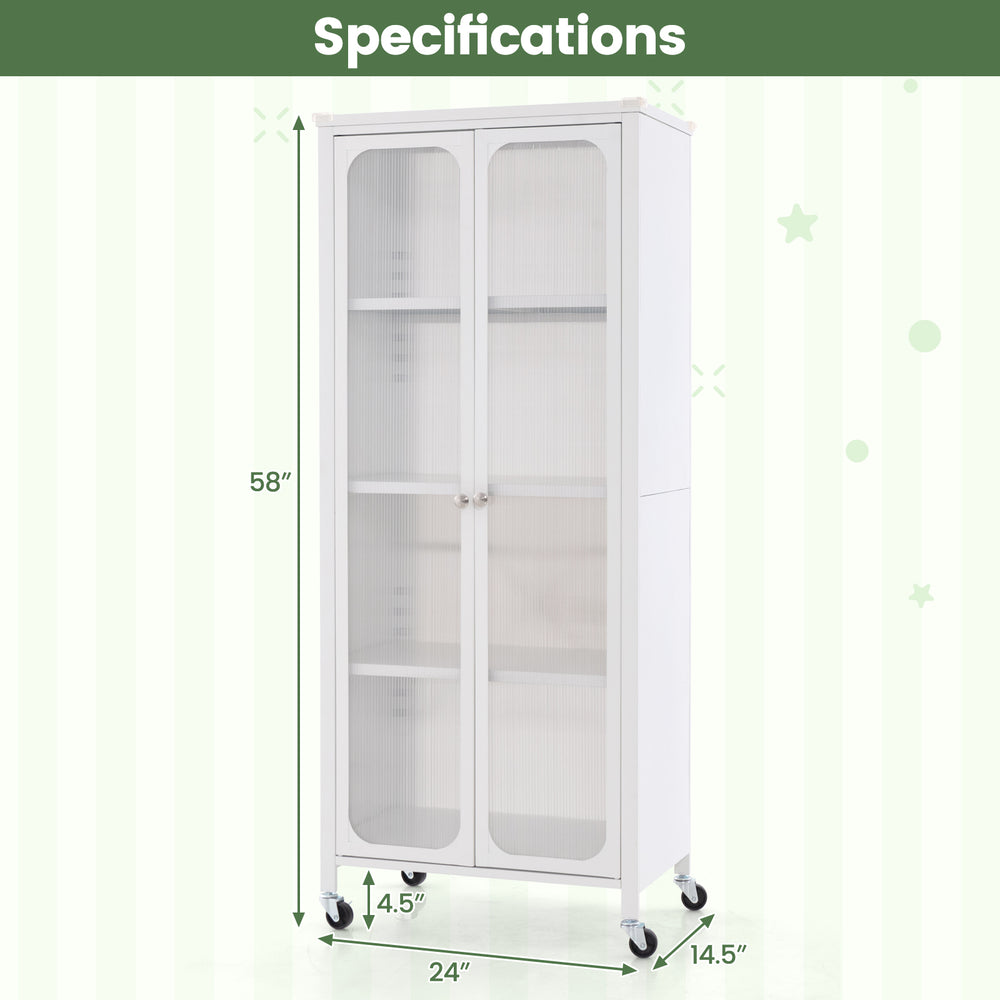 White glass doors storage cabinet with wheels, featuring adjustable shelves for versatile organization and easy.