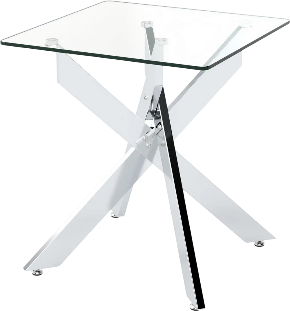 Square glass side table with tempered glass top and silver metal X base, ideal for versatile living spaces.
