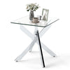 Square glass side table with a tempered glass top and metal X base, perfect as a side table or nightstand.
